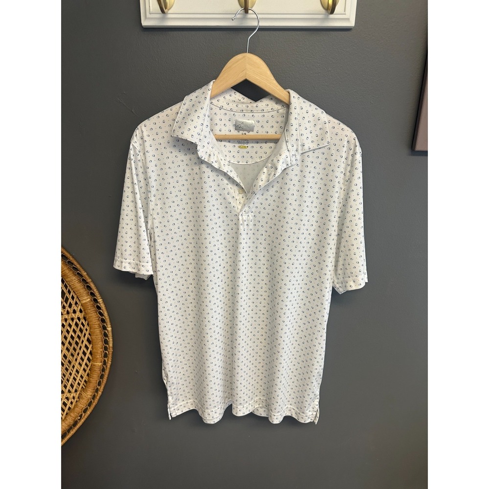 Greg Norman Mens Size L Play Dry Polo Golf Shirt Dot Pattern White Short Sleeve - Picture 2 of 6